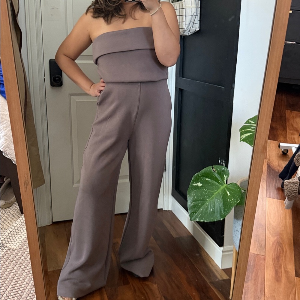 SPANX Strapless Wide-Leg Jumpsuit in Taupe-Brown